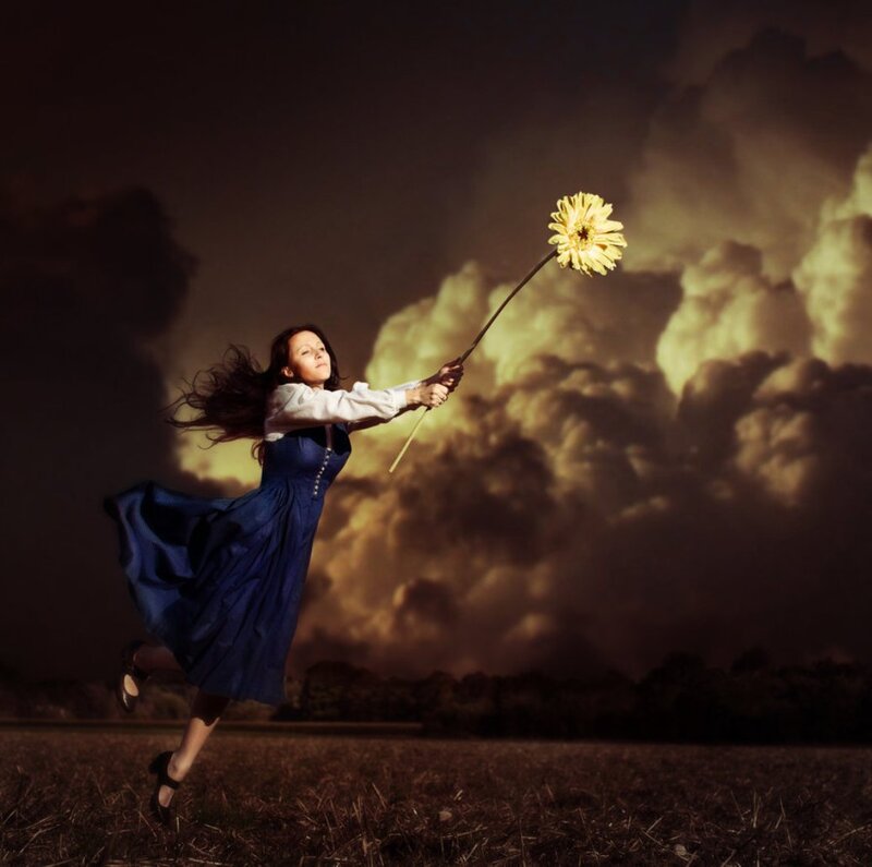 Woman Holding Flower — Blue, Dramatic