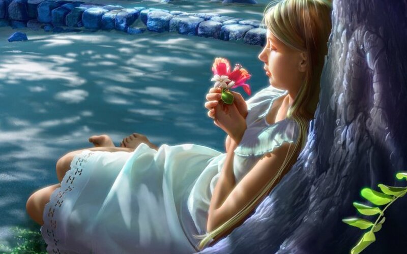 Woman Holding Flower — Blue, Serene, Afternoon, Digital Art