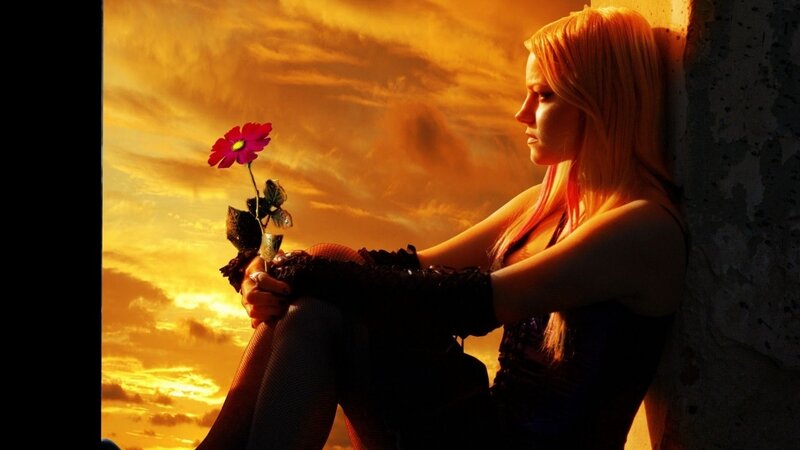 Woman Holding Flower — Orange, Dramatic, Sunset, Photograph