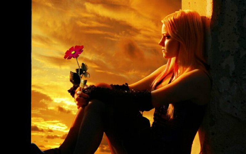 Woman Holding Flower — Orange, Dramatic, Sunset