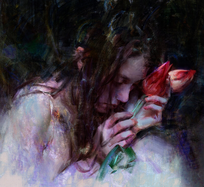 Woman Holding Flower — Red, Dramatic