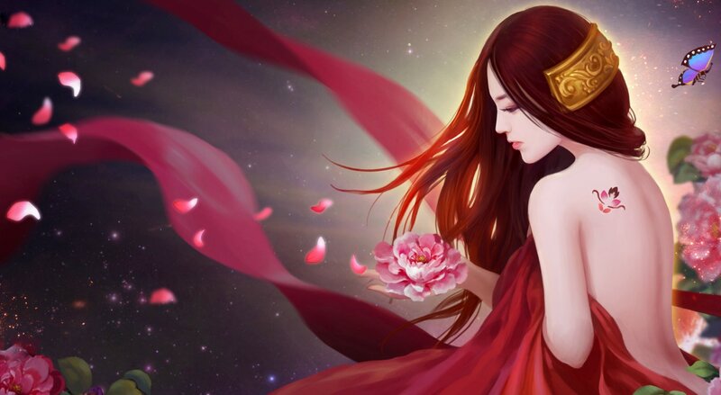 Woman Holding Flower — Red, Serene