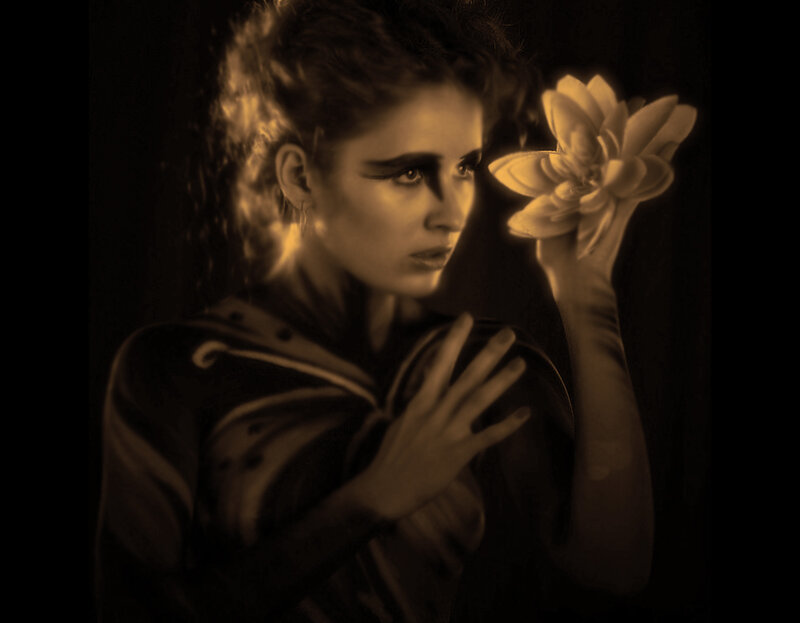 Woman Holding Flower — Sepia