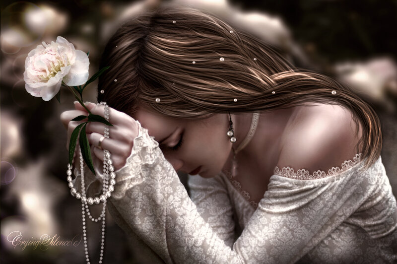 Woman Holding Flower — White, Melancholic, Digital Art, Pearls