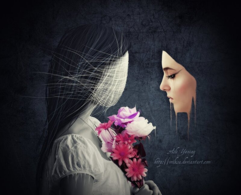 Woman Holding Flowers — Black, Dramatic, Digital Art