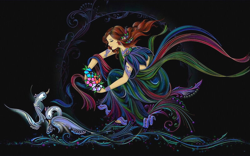 Woman Holding Flowers — Black, Dramatic, Night, Digital Art