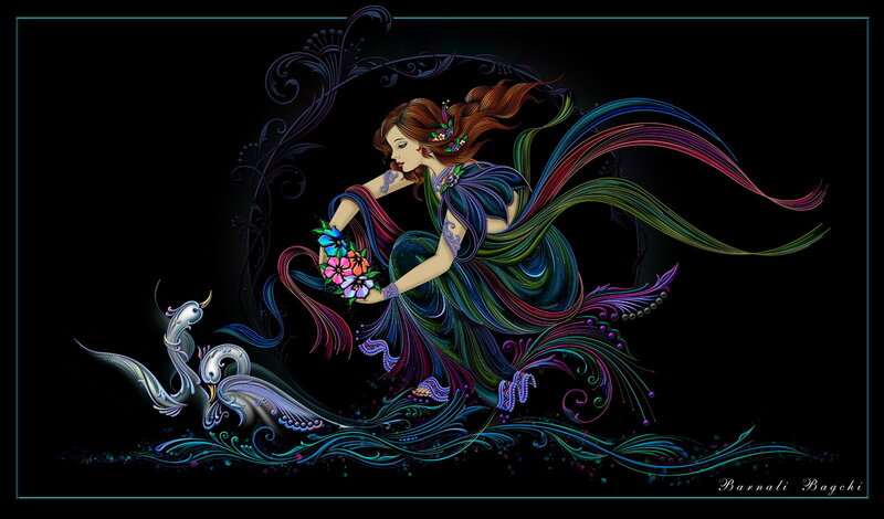 Woman Holding Flowers — Black, Dramatic, Night