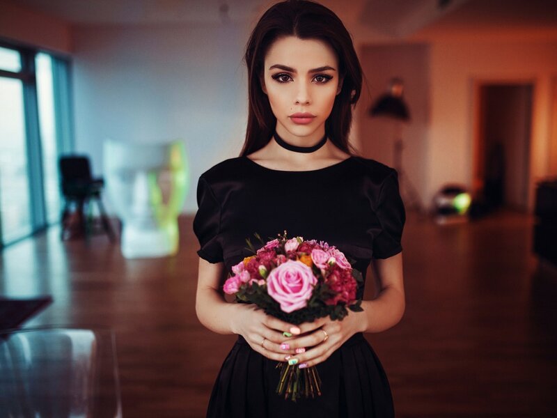 Woman Holding Flowers — Black, Dramatic, Photograph, Dress