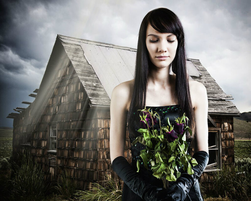 Woman Holding Flowers — Black, Dramatic, Photograph