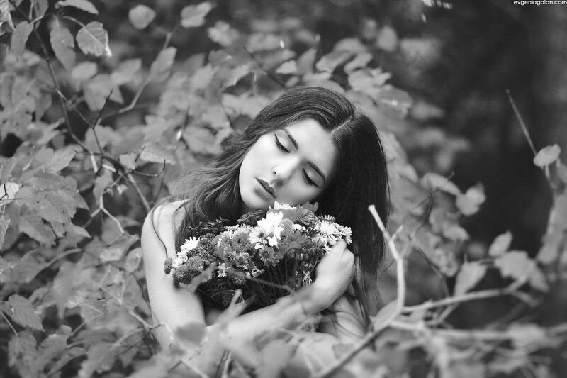 Woman Holding Flowers — Black, Serene, Photograph