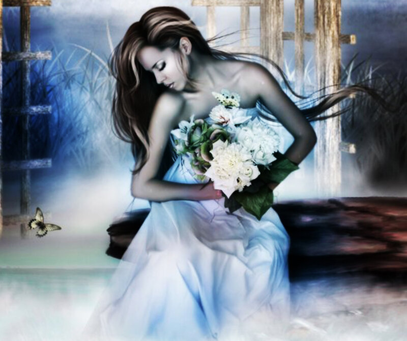 Woman Holding Flowers — Blue, Melancholic