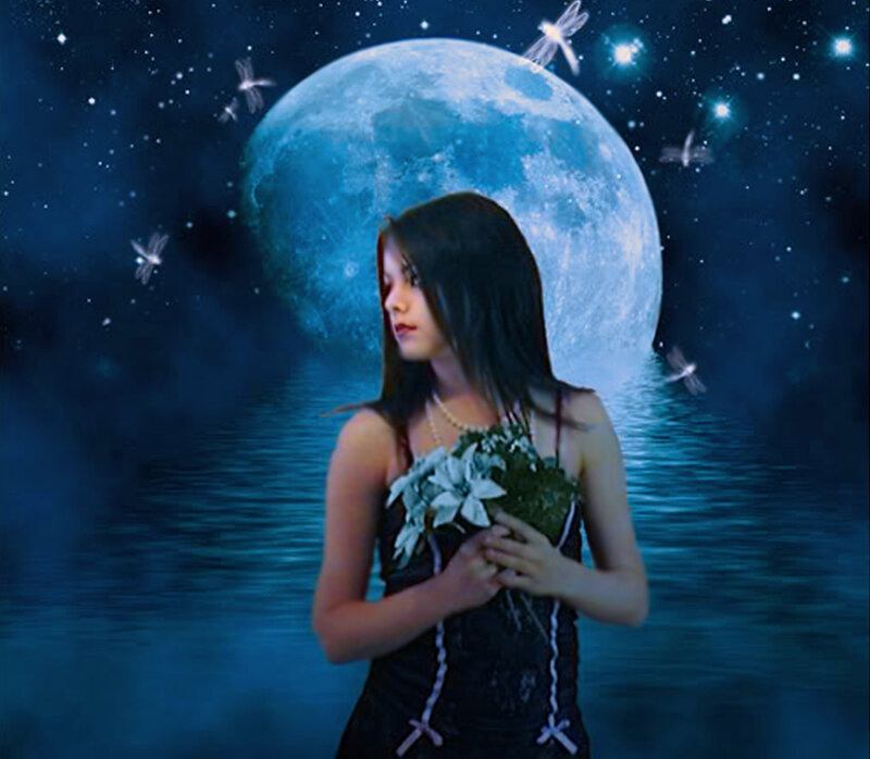 Woman Holding Flowers — Blue, Serene