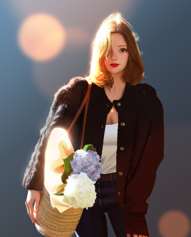 Woman Holding Flowers — Brown, Serene, Sunset, Digital Art