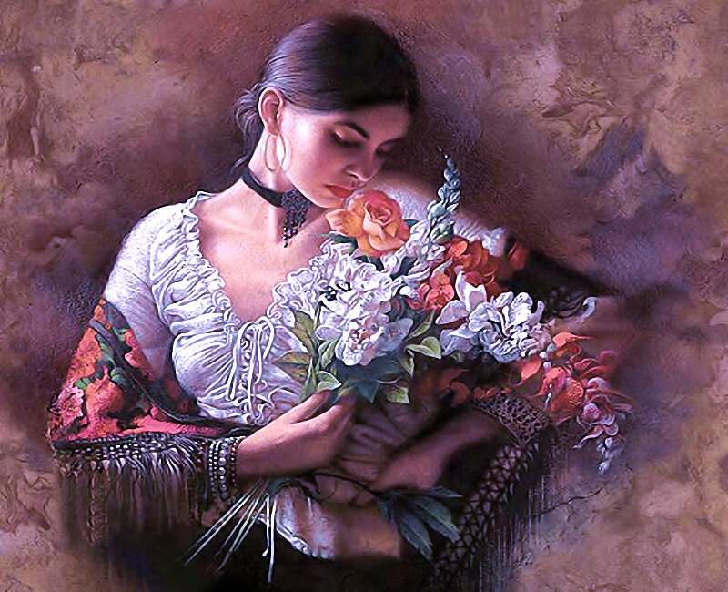 Woman Holding Flowers — Brown, Serene