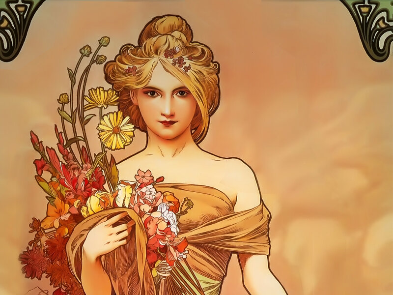 Woman Holding Flowers — Gold, Serene