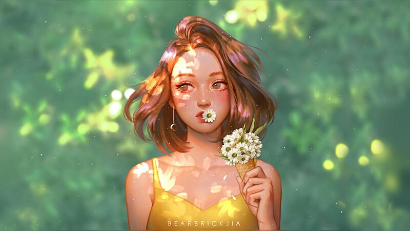 Woman Holding Flowers — Green, Serene, Afternoon, Digital Art