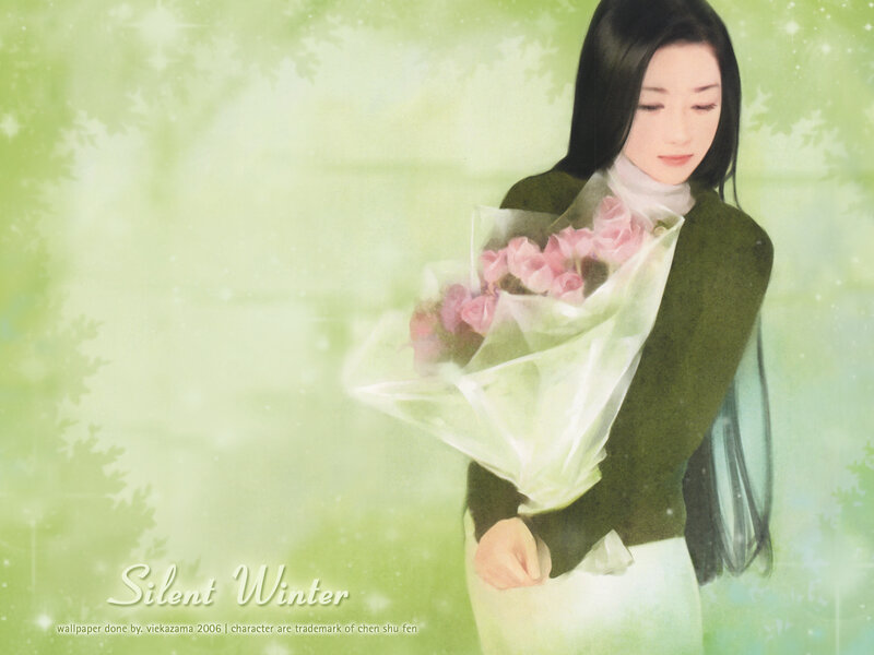 Woman Holding Flowers — Green, Serene, Digital Art