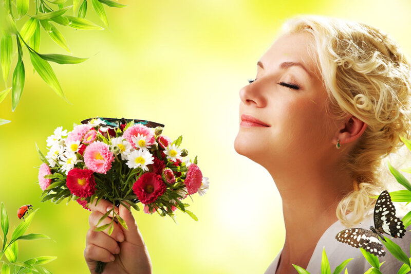 Woman Holding Flowers — Green, Serene, Spring, Photograph