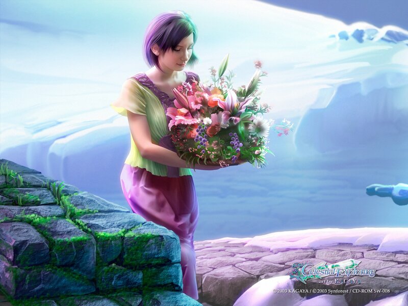 woman holding flowers on cliff
