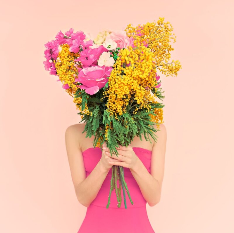 Woman Holding Flowers — Pink, Calm, Photograph