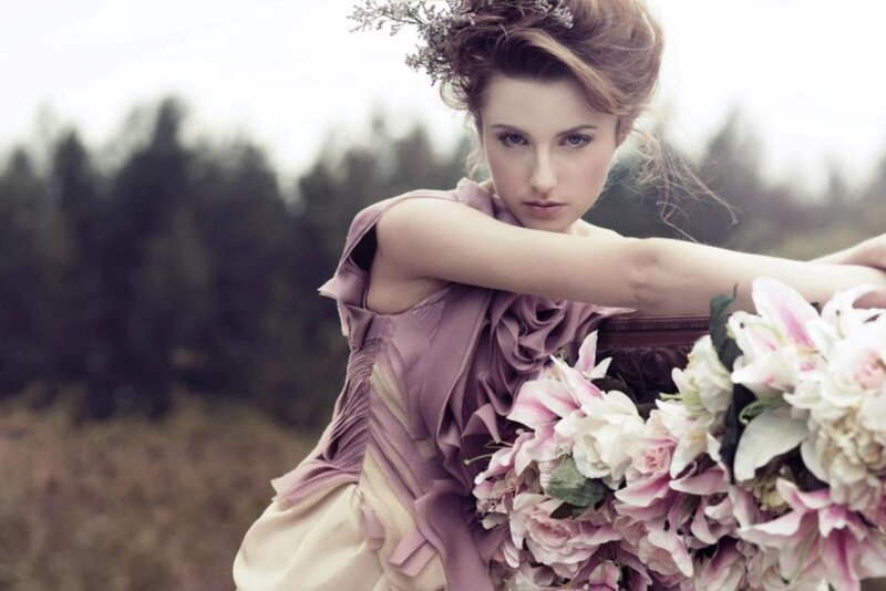 Woman Holding Flowers — Pink, Dramatic, Photograph