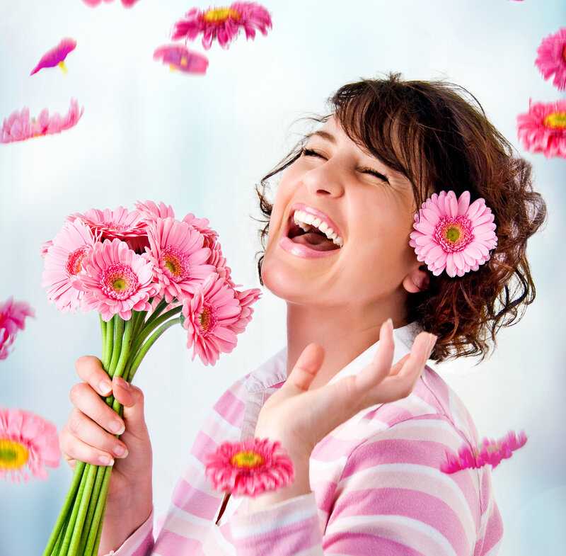 Woman Holding Flowers — Pink, Joyful