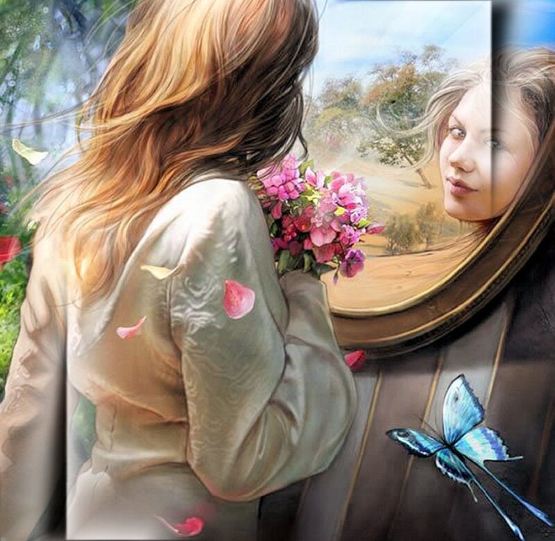 Woman Holding Flowers — Pink, Serene, Afternoon, Digital Art