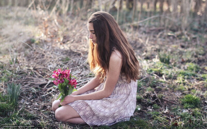 Woman Holding Flowers — Pink, Serene, Afternoon, Photograph, Dress, Grass