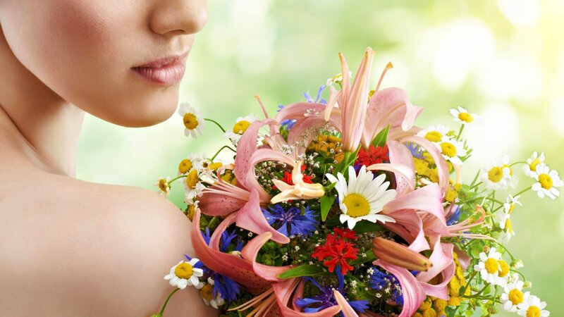 Woman Holding Flowers — Pink, Serene, Spring, Photograph, Shoulder