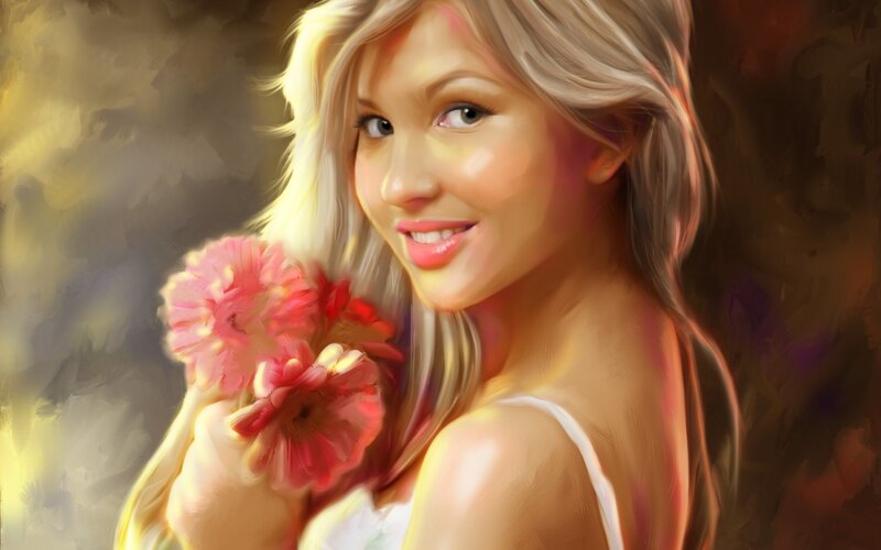 Woman Holding Flowers — Pink, Warm