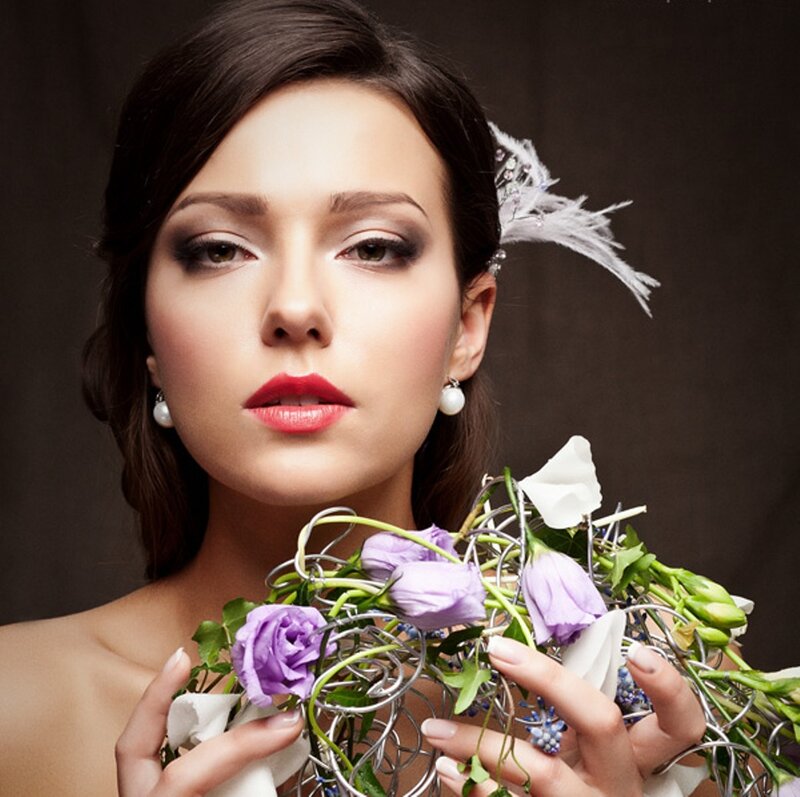 Woman Holding Flowers — Purple, Dramatic, Photograph