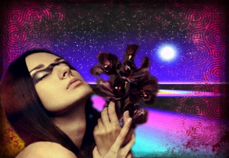 Woman Holding Flowers — Purple, Dreamy, Night