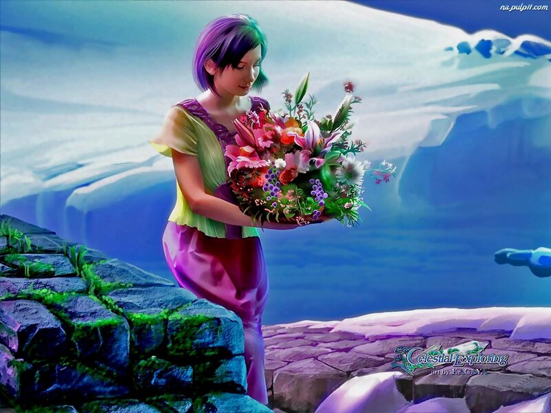 Woman Holding Flowers — Purple, Serene, Digital Art, Rocks