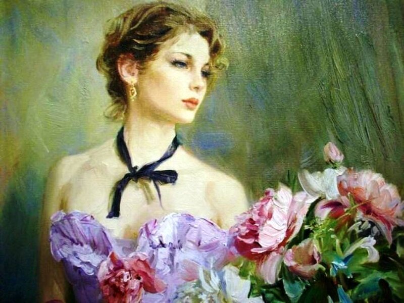 Woman Holding Flowers — Purple, Serene, Painting