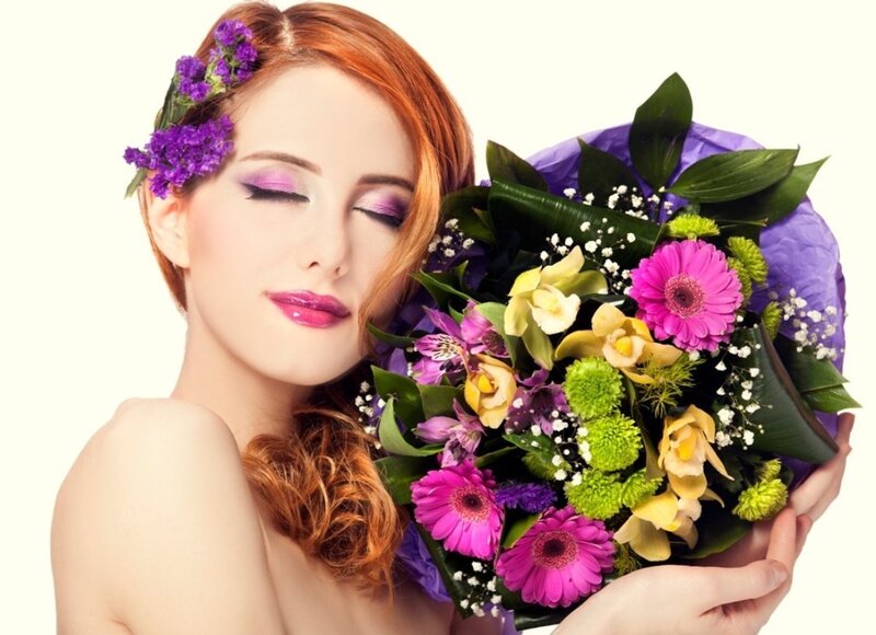 Woman Holding Flowers — Purple, Serene, Photograph, Makeup