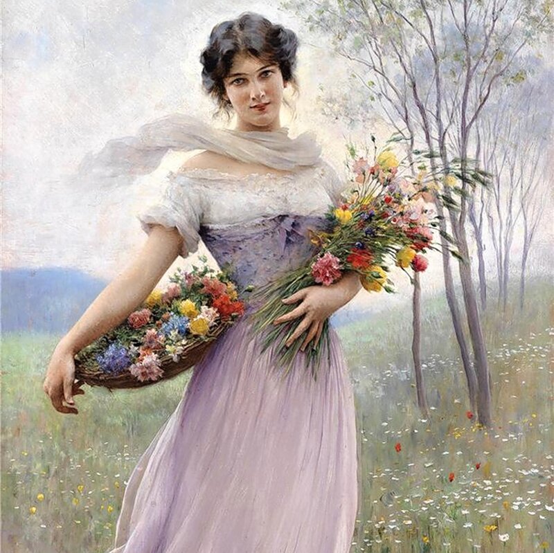 Woman Holding Flowers — Purple, Serene, Spring, Painting