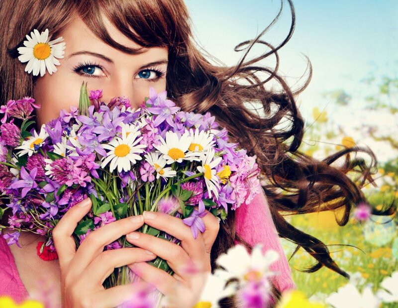 Woman Holding Flowers — Purple, Serene, Spring