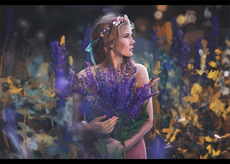 Woman Holding Flowers — Purple, Serene, Sunset, Digital Art