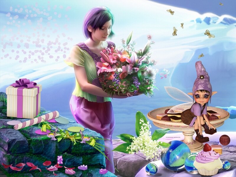 Woman Holding Flowers — Purple, Whimsical