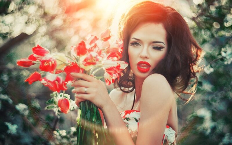 Woman Holding Flowers — Red, Dramatic