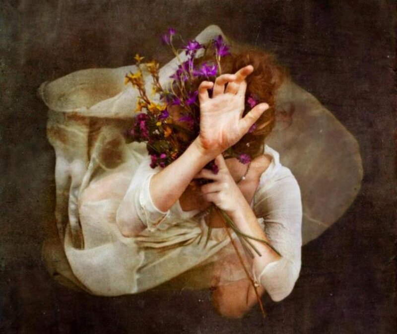 Woman Holding Flowers — White, Dramatic, Painting