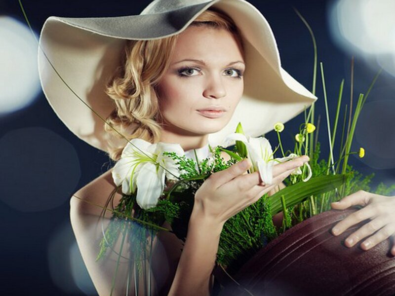 Woman Holding Flowers — White, Dramatic