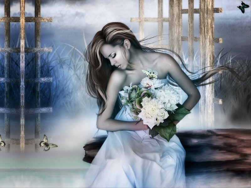 Woman Holding Flowers — White, Melancholic