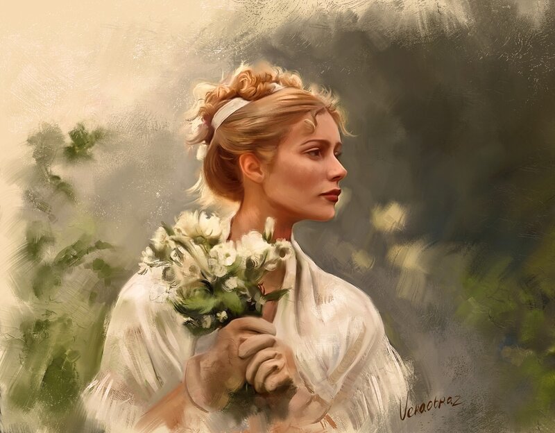 Woman Holding Flowers — White, Serene, Afternoon, Digital Art
