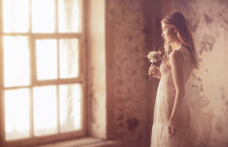 Woman Holding Flowers — White, Serene, Afternoon, Photograph, Window, Dress