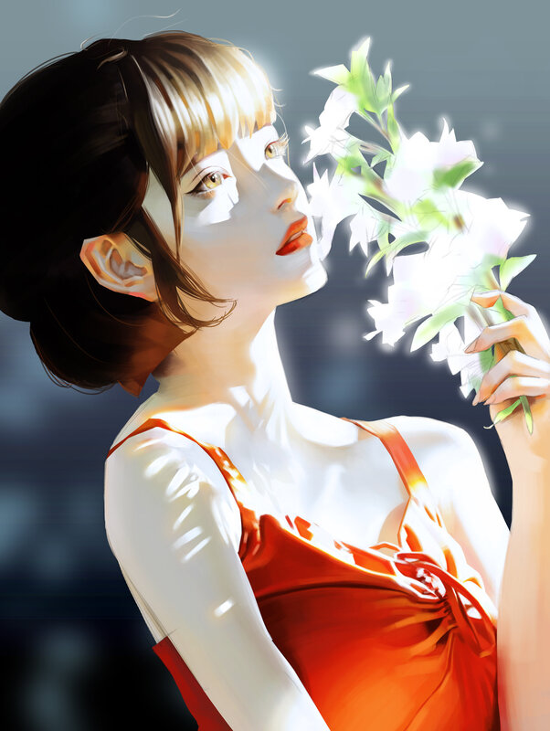 Woman Holding Flowers — White, Serene, Digital Art, Dress