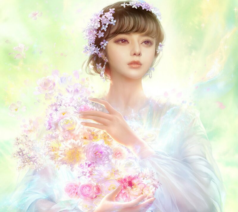 Woman Holding Flowers — White, Serene, Digital Art, Flower Crown