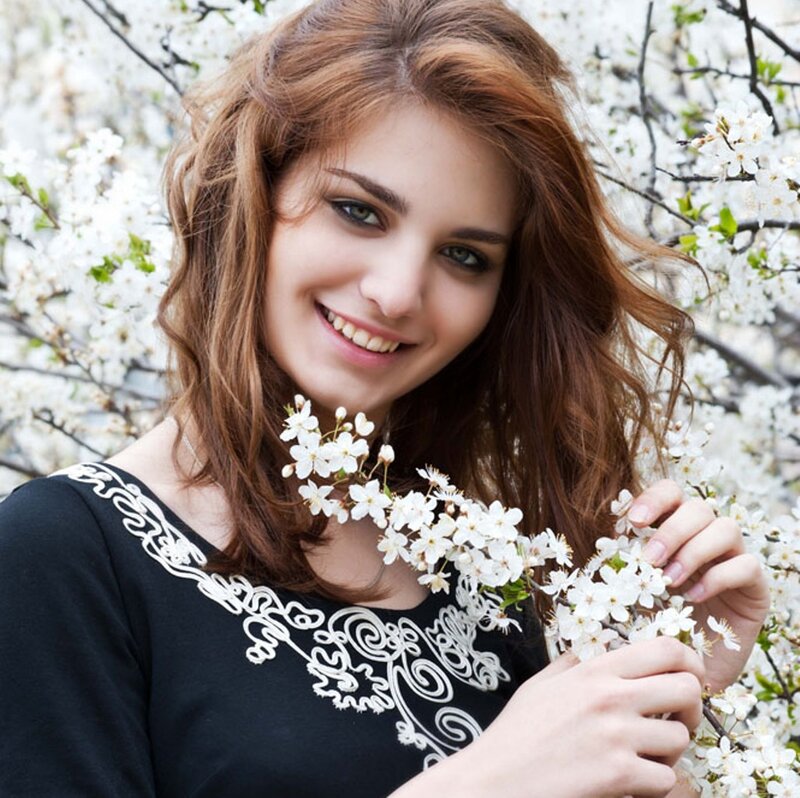 Woman Holding Flowers — White, Serene, Spring, Photograph, Trees