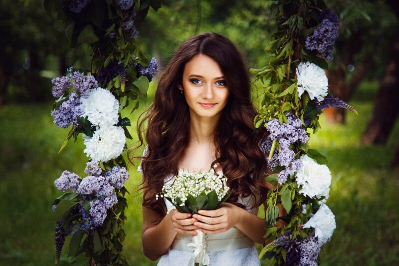 Woman Holding Flowers — White, Serene, Summer, Photograph, Greenery