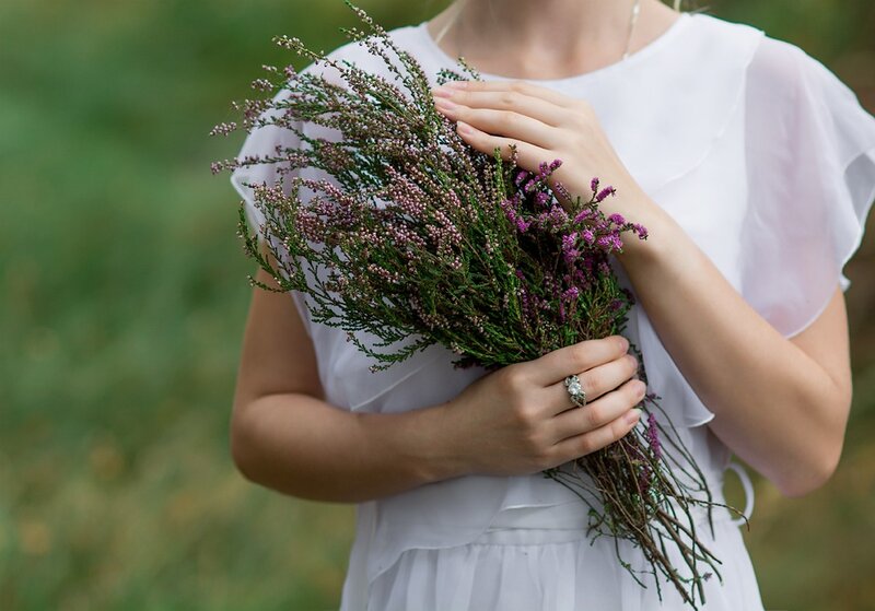 Woman Holding Flowers — White, Serene, Summer, Photograph, Ring